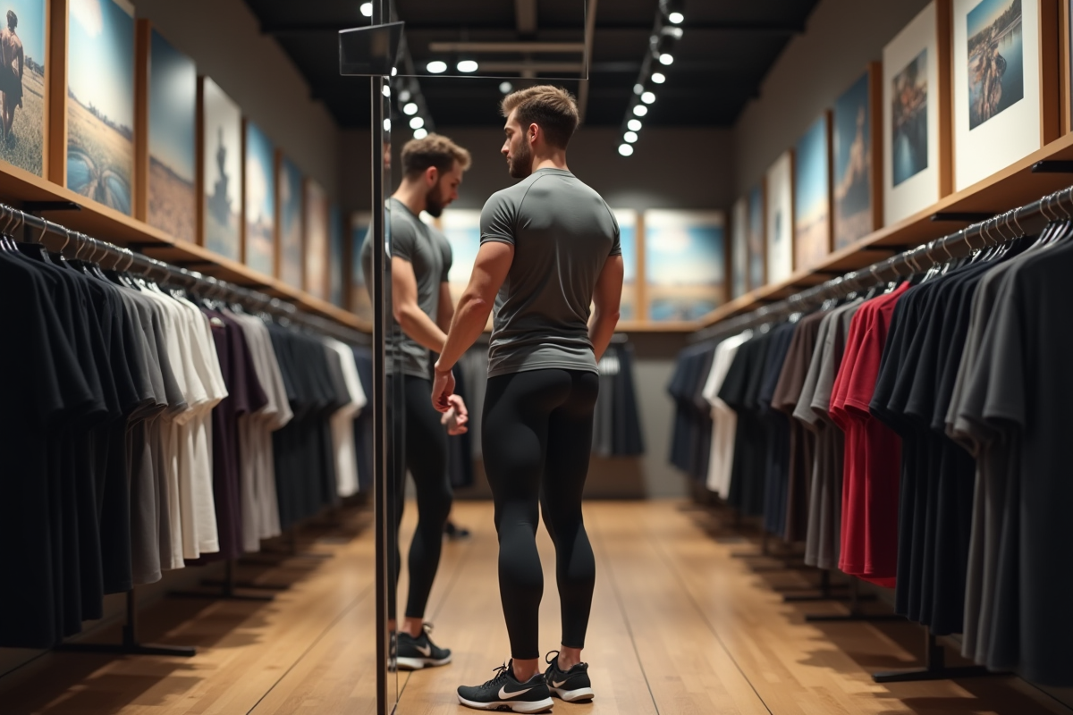 Jeune homme vérifie la taille de leggings dans un magasin de sport