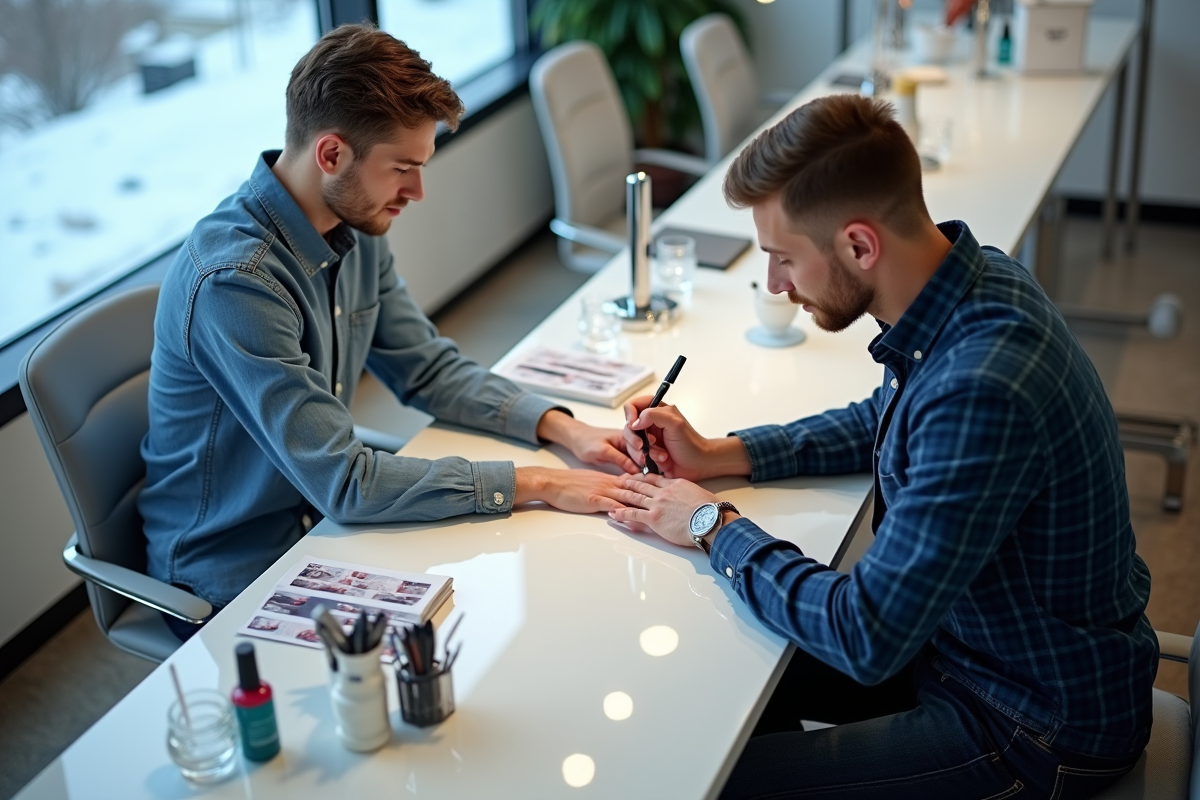 Jeune homme recevant une manucure dans un salon moderne