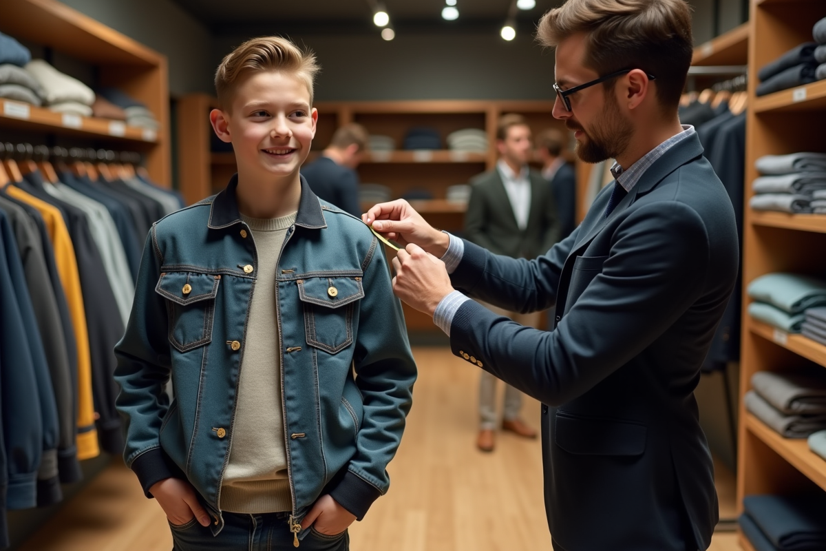 Adolescent en magasin avec un tailleur mesurant son vêtement