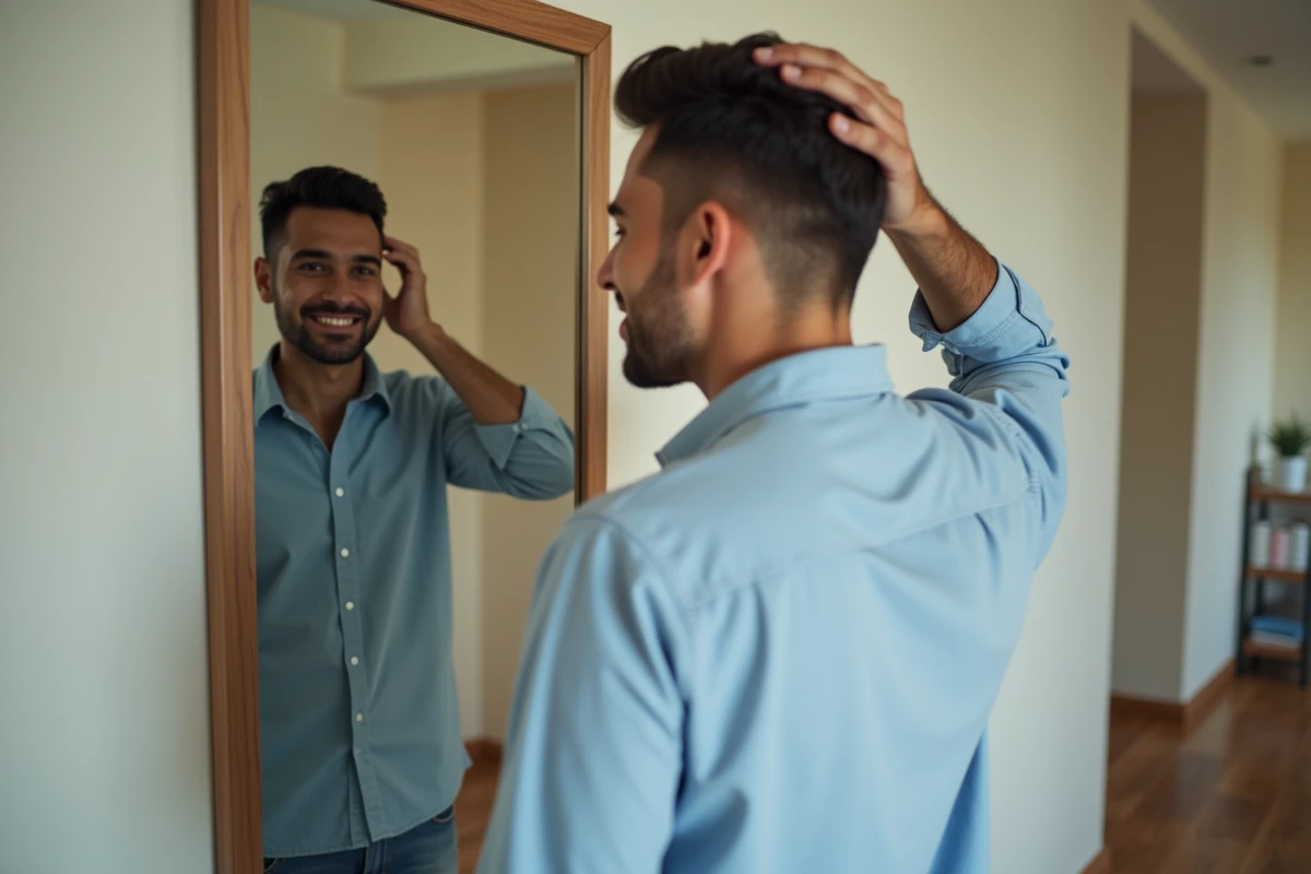 Jeune homme souriant regardant son reflet dans un miroir
