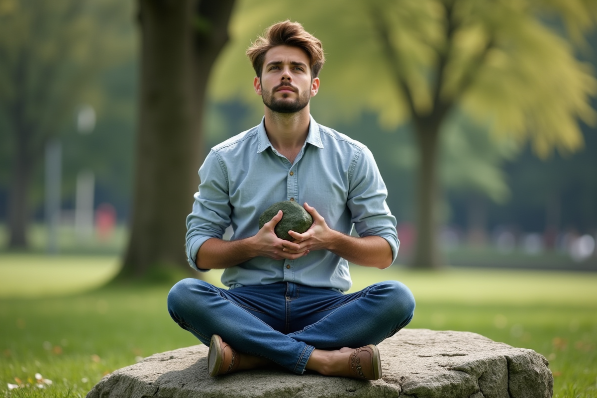 Jeune homme assis dans la nature pressant une pierre verte contre la poitrine