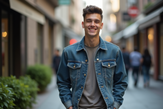 Jeune homme avec coupe textured dans une rue urbaine dynamique