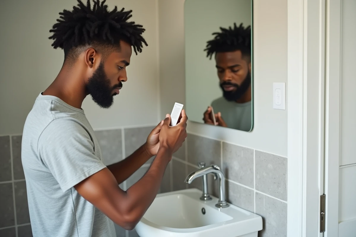 Jeune homme examinant un testeur de boucles dans sa salle de bain
