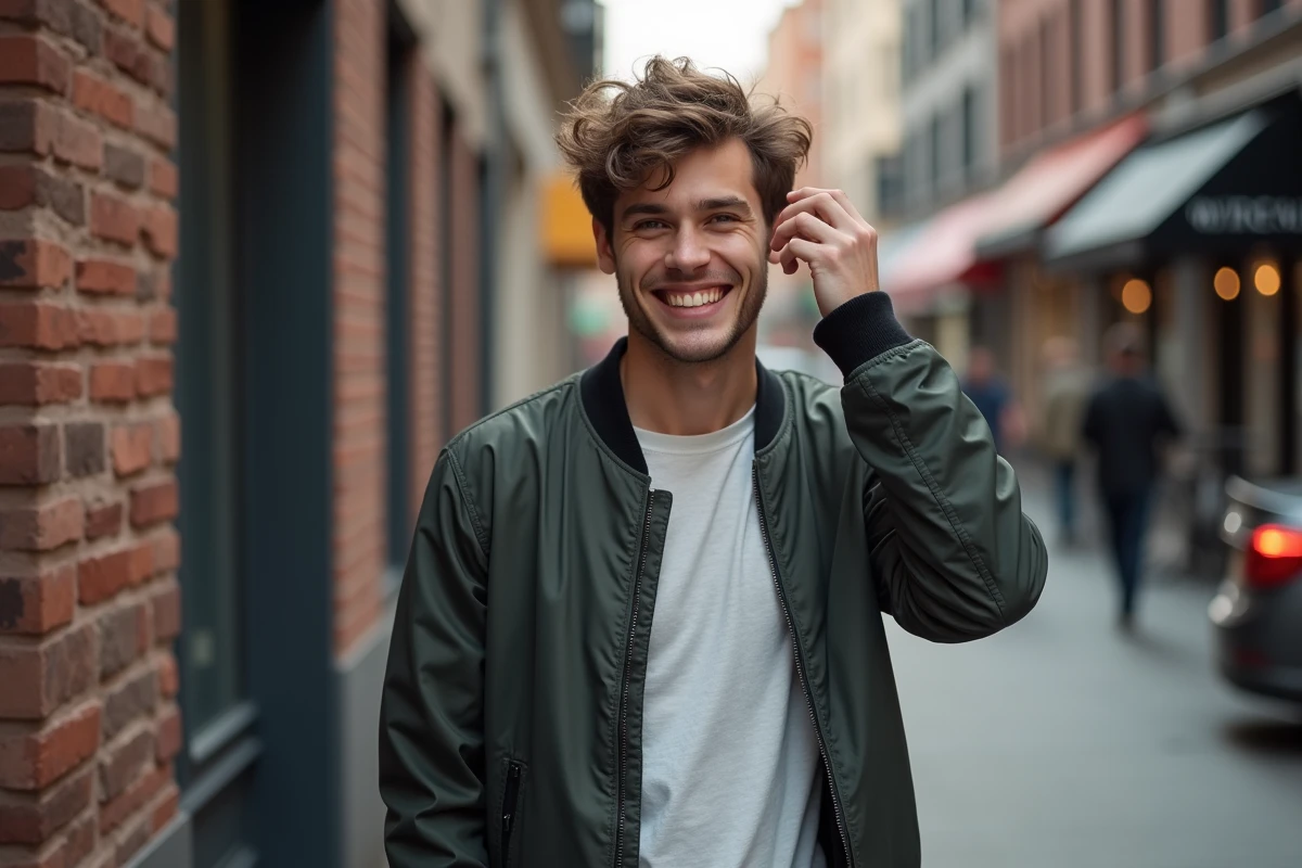 Jeune homme souriant dans la rue urbaine dynamique