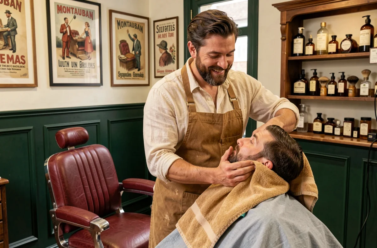 Barbier préparant un soin rasage traditionnel à la serviette chaude chez La Barbe de Papa à Montauban