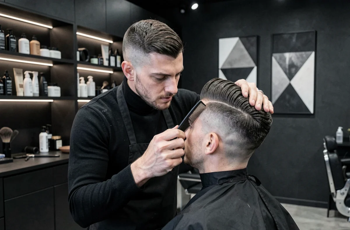 Barbier styliste sculptant une coiffure moderne au peigne chez Le LAB Barbier à Toulouse