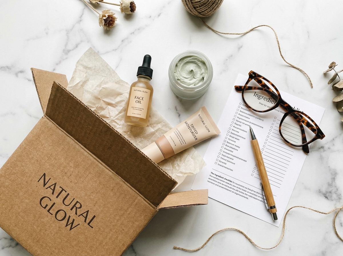 Commande de produits cosmétiques reçue par livraison en ligne avec liste de vérification des ingrédients sur marbre blanc