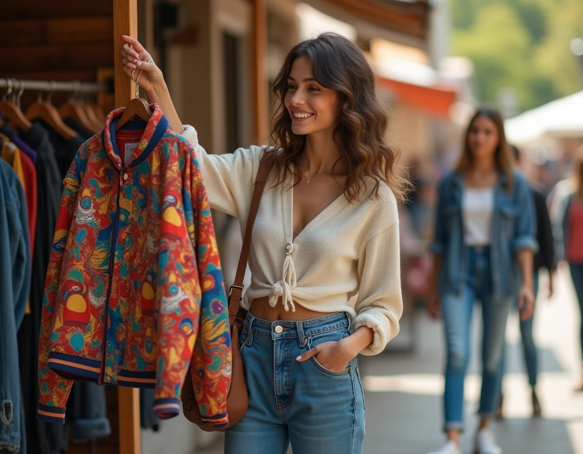 Jeune femme inspectant une veste vintage aux motifs pop culture sur un marché aux puces urbain, cherchant des idées de looks originaux inspirés de la culture geek