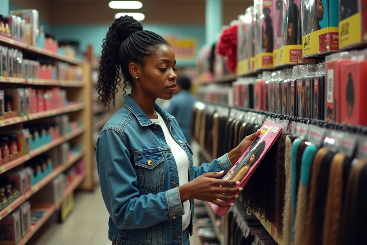 Femme choisissant des mèches afro dans un magasin spécialisé pour éviter les grattements