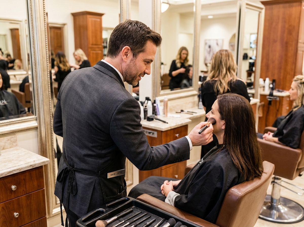 Homme maquilleur appliquant du maquillage à une cliente