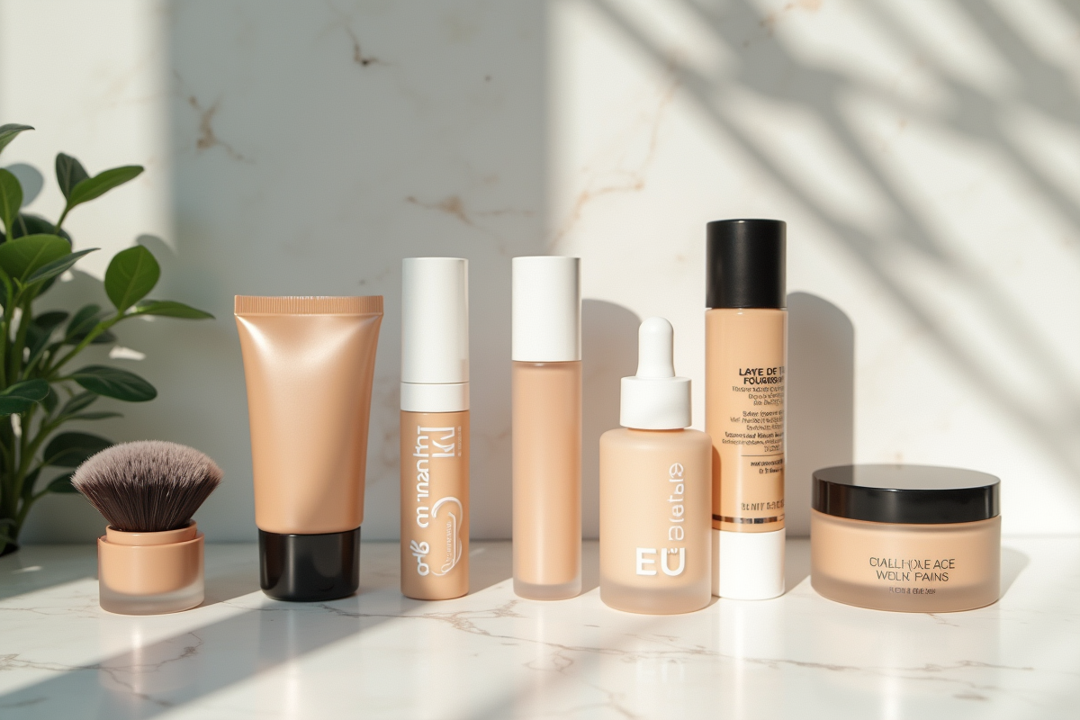 Disposition de produits de maquillage de base sur un marbre blanc