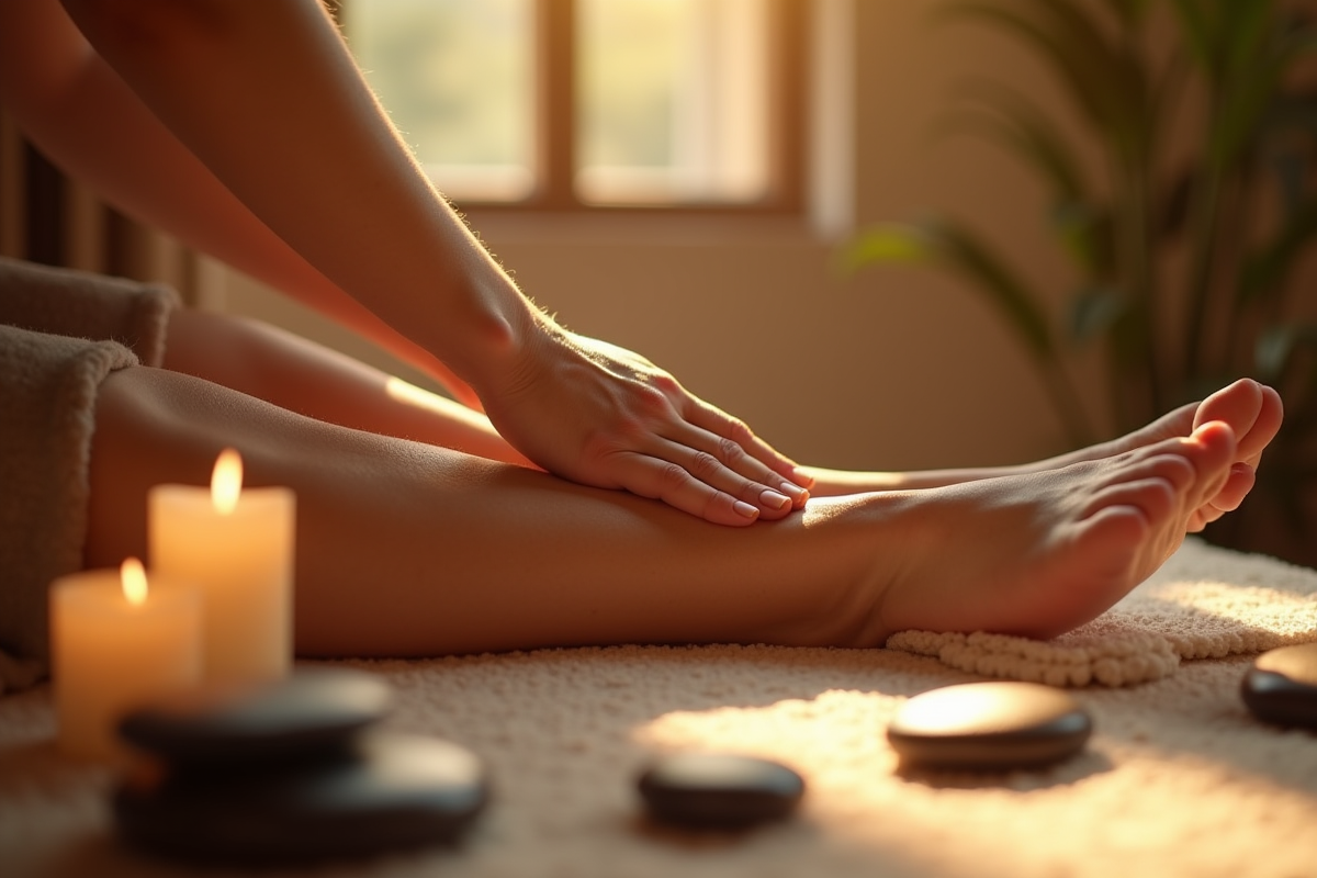 Gros plan sur massage des pieds dans un studio zen
