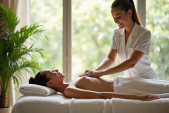 Spa relaxant avec massageur et femme souriante