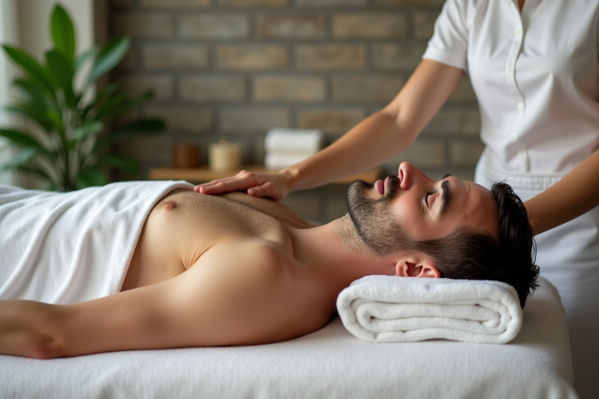 Therapeute appliquant une huile lors d’un massage suédois en spa moderne