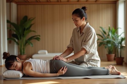 Femme recevant un massage thaï traditionnel dans un studio calme