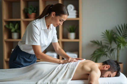 Femme masseuse professionnelle en spa avec client détendu