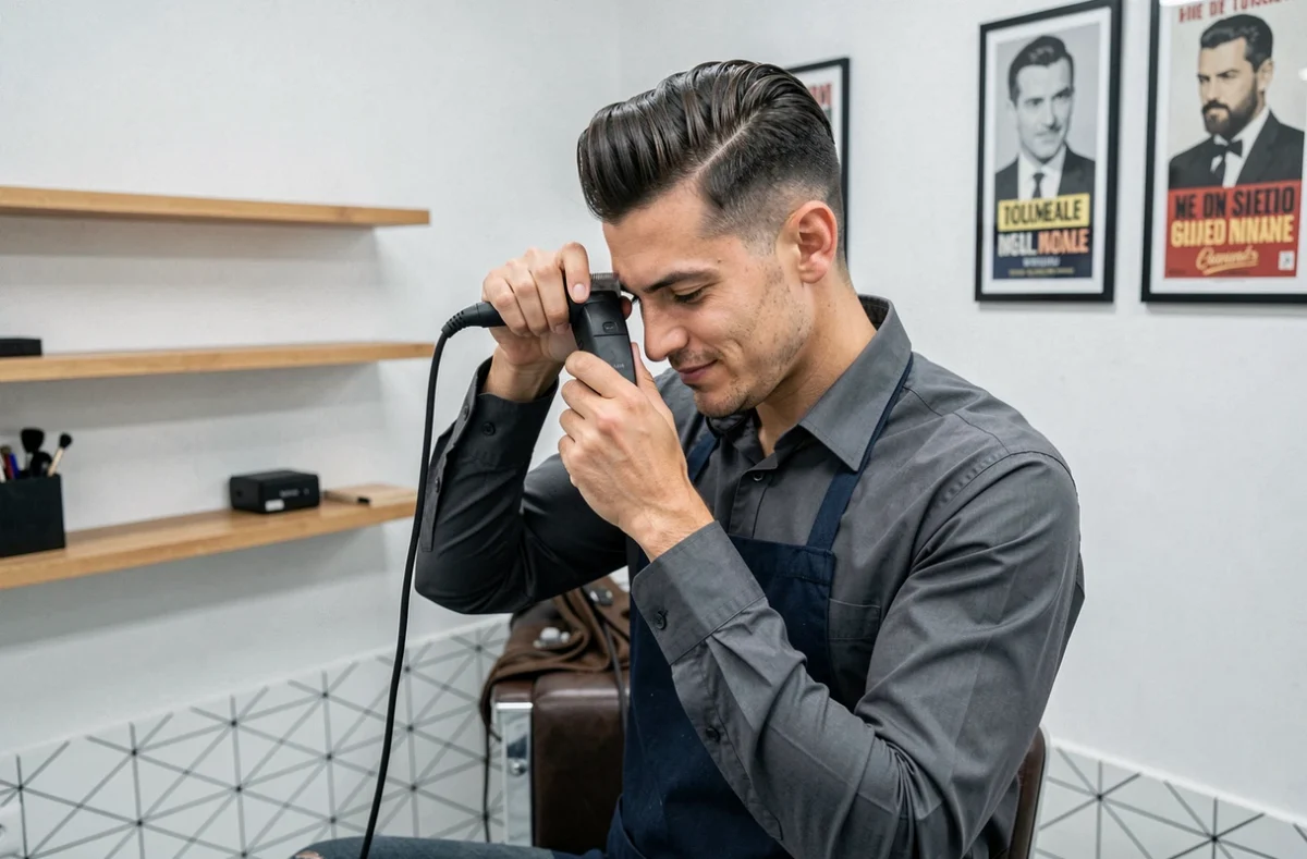 Barbier réalisant un dégradé soigné chez Max pour l'Homme Barbier à Toulouse