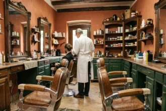 Intérieur authentique d'un barbier en Occitanie avec fauteuils en cuir vintage et décor traditionnel