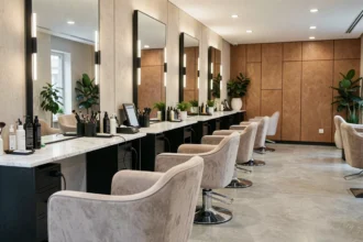 Intérieur d'un salon de coiffure moderne dans le Val-d'Oise, illustrant le classement des 10 meilleurs coiffeurs de la région