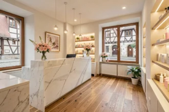 Intérieur élégant d'un institut de beauté dans le Bas-Rhin avec comptoir en marbre et produits de soin