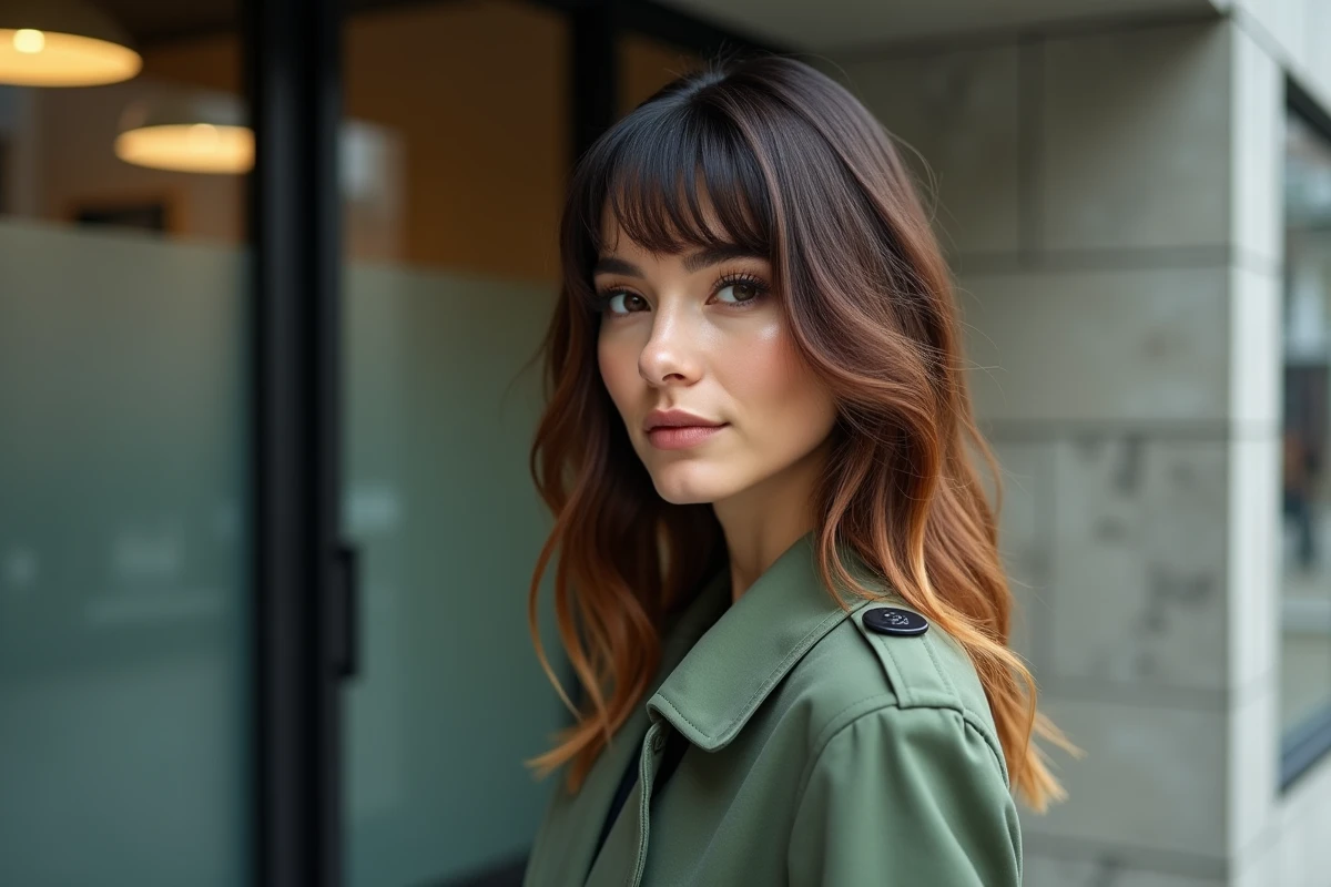 Femme trentenaire avec money piece caramel et frange rideau devant un salon de coiffure urbain