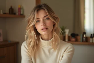 Jeune femme aux cheveux money piece miel et frange rideau dans un appartement parisien vintage