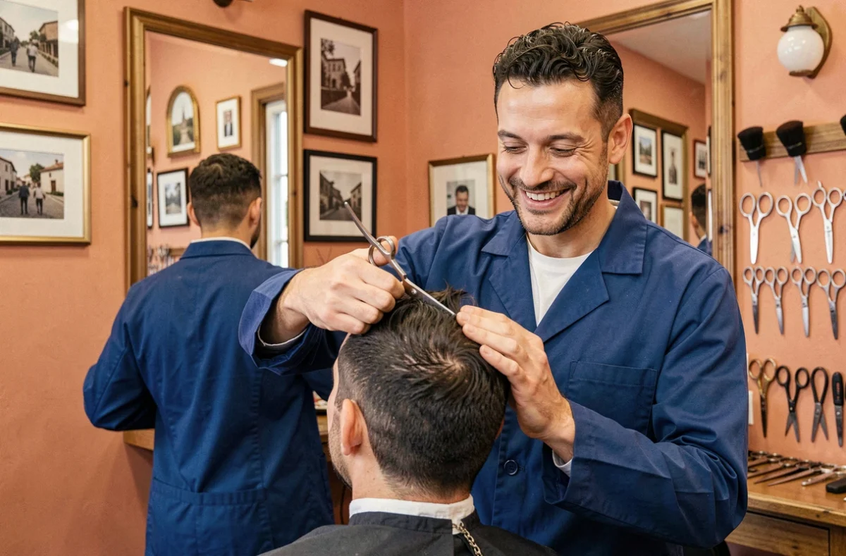 Coiffeur-barbier réalisant une coupe aux ciseaux chez Nico Coiffeur-Barbier à Narbonne