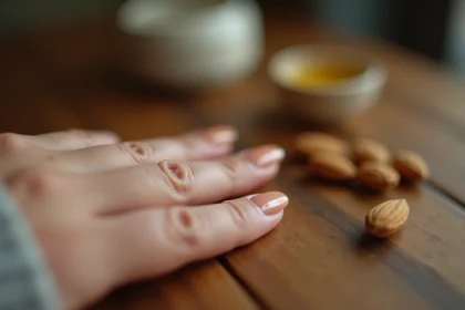 Gros plan d'un ongle fendu verticalement sur une main féminine posée sur une table en bois, avec de l'huile d'amande en arrière-plan