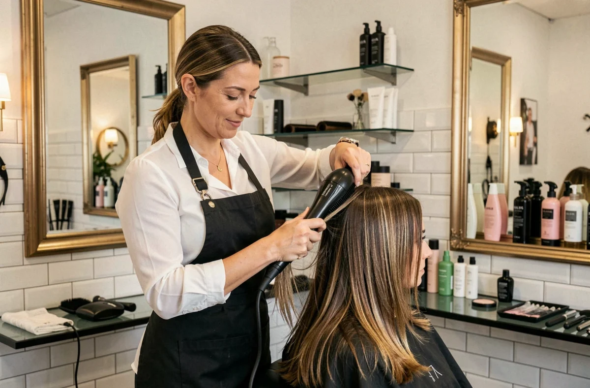 Coiffeuse professionnelle au salon O'Salon Franconville - République, coiffant une cliente avec soin dans un environnement élégant