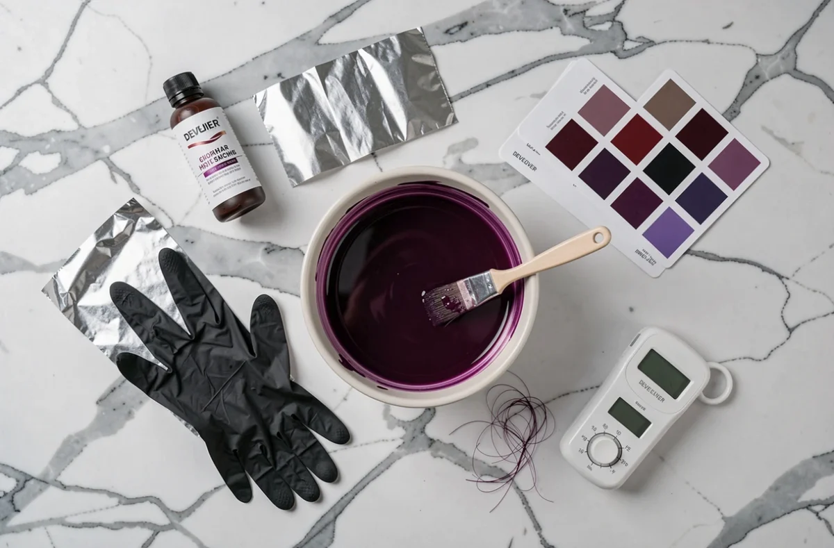 Flat lay des outils nécessaires pour réaliser une coloration cheveux violine foncée à la maison sur un comptoir en marbre blanc