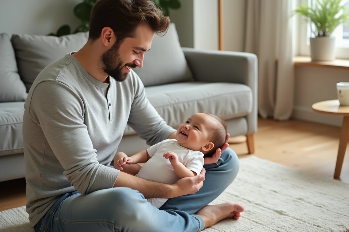 Papa massant son bébé avec la crème hydratante Biolane dans un salon chaleureux de style scandinave