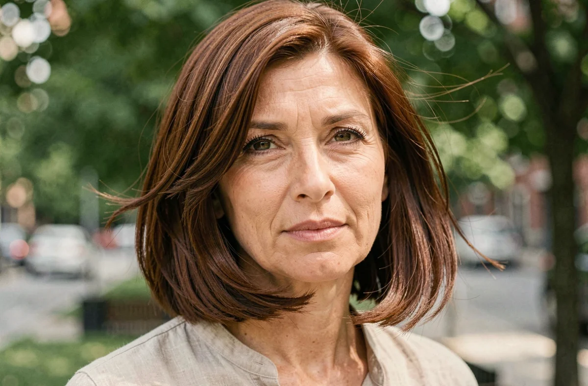 Portrait en extérieur d'une femme avec un carré flou dégradé sur cheveux volumineux châtains