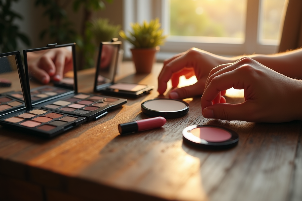 Mains sélectionnant des produits de maquillage sur une table en bois