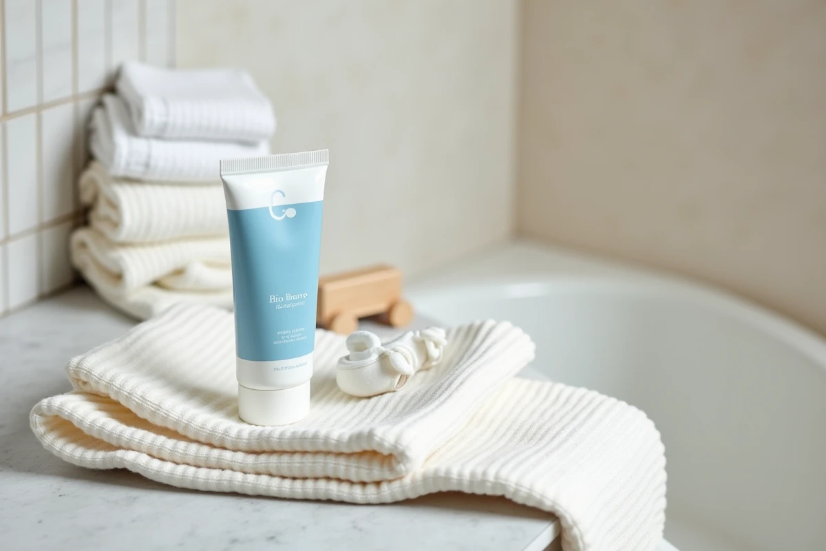 Tube de crème hydratante Biolane posé sur une couverture en coton blanc avec accessoires de soin bébé