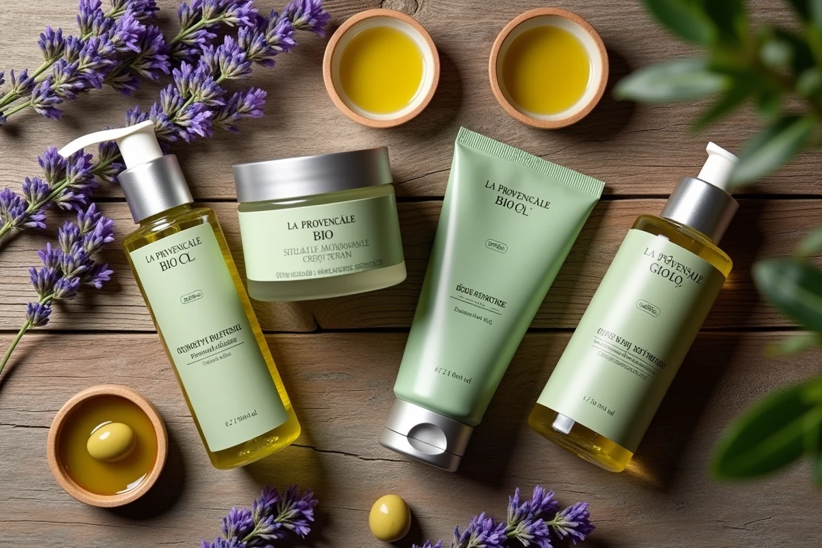 Produits de soin La Provençale Bio disposés en flat lay avec lavande et huile d'olive sur une table en bois rustique