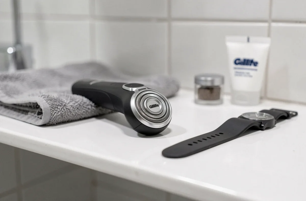 Rasoir électrique Gillette posé sur une étagère de salle de bain avec accessoires de rasage masculin haut de gamme