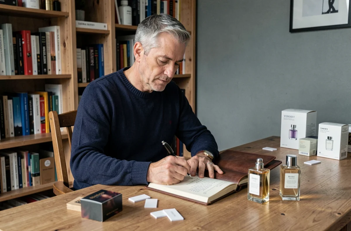 Homme rédigeant un avis détaillé sur des parfums Kalista à son bureau avec des flacons ouverts