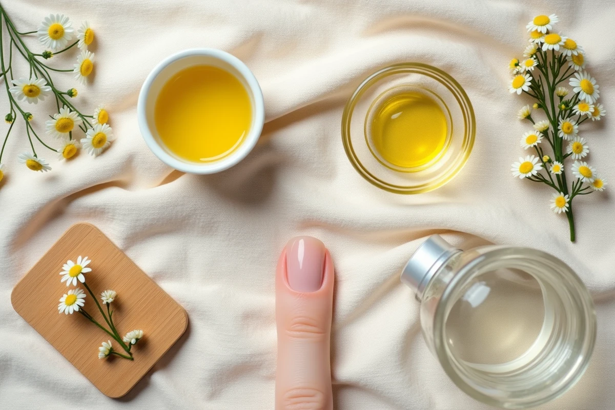 Flat lay de remèdes naturels pour soigner un ongle fendu verticalement : huile de coco, vitamine E, fleurs de camomille et accessoires de soin des ongles