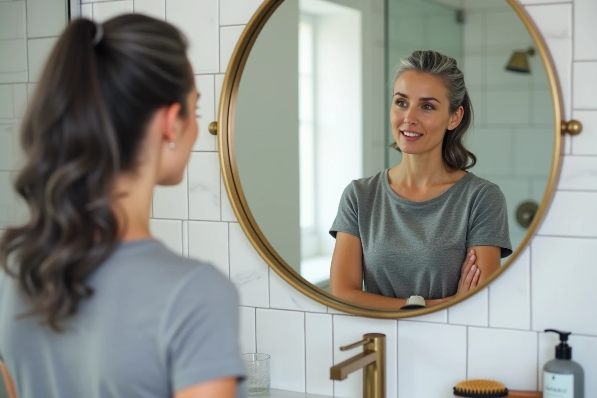 Femme regardant sa repousse sel et poivre dans un miroir de salle de bain moderne