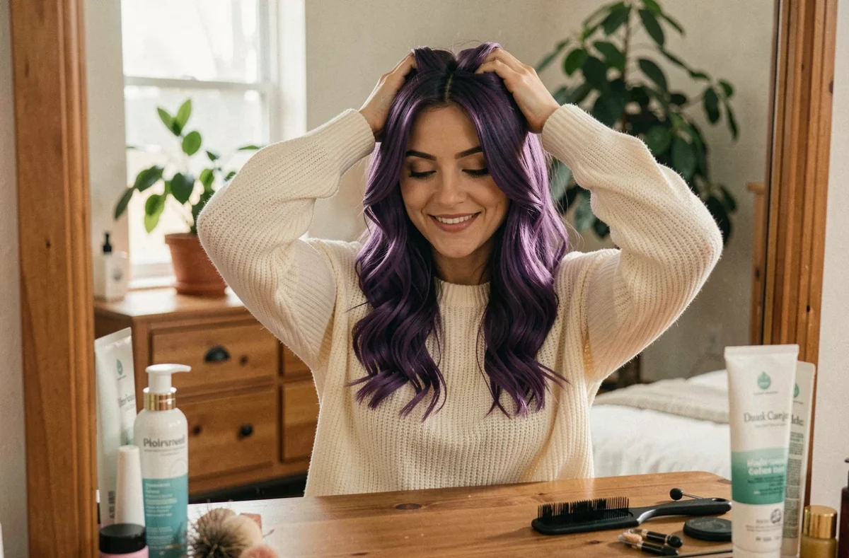 Jeune femme avec une belle couleur de cheveux violine foncé réussie à la maison, assise devant un miroir de coiffeuse