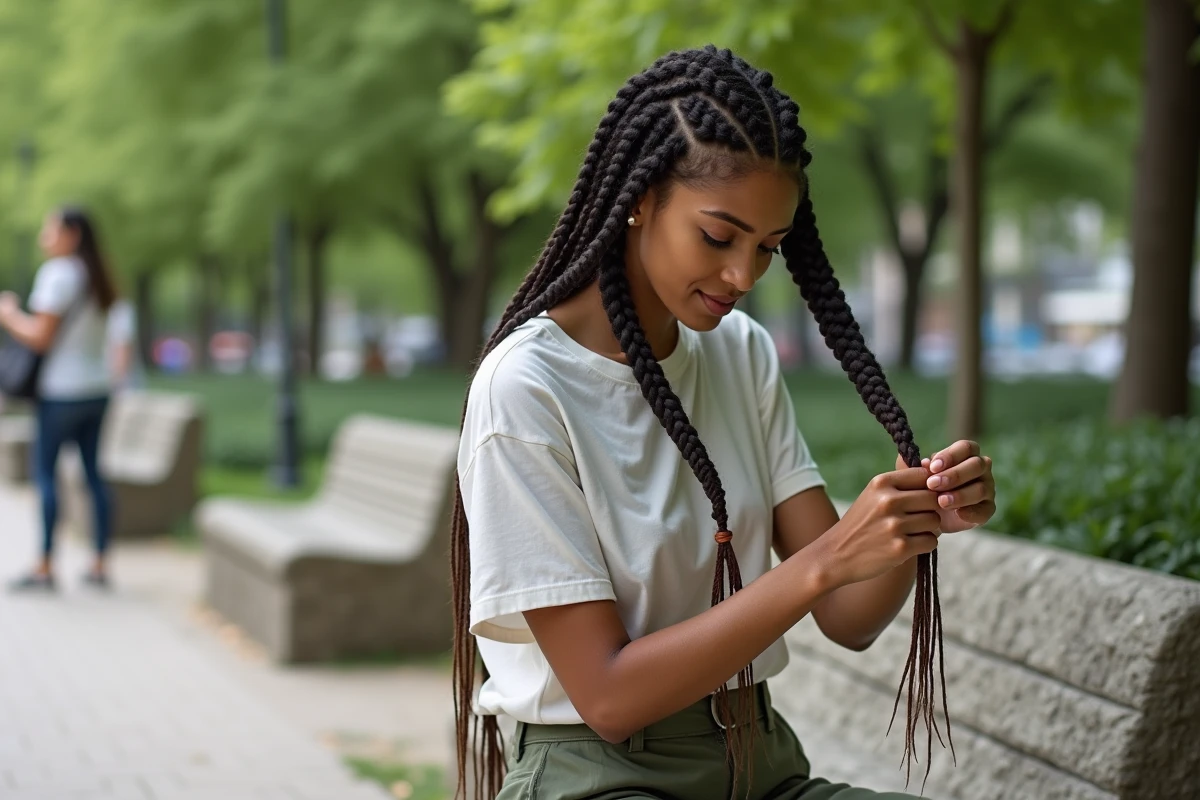 Jeune femme retwist ses braids dans un parc urbain