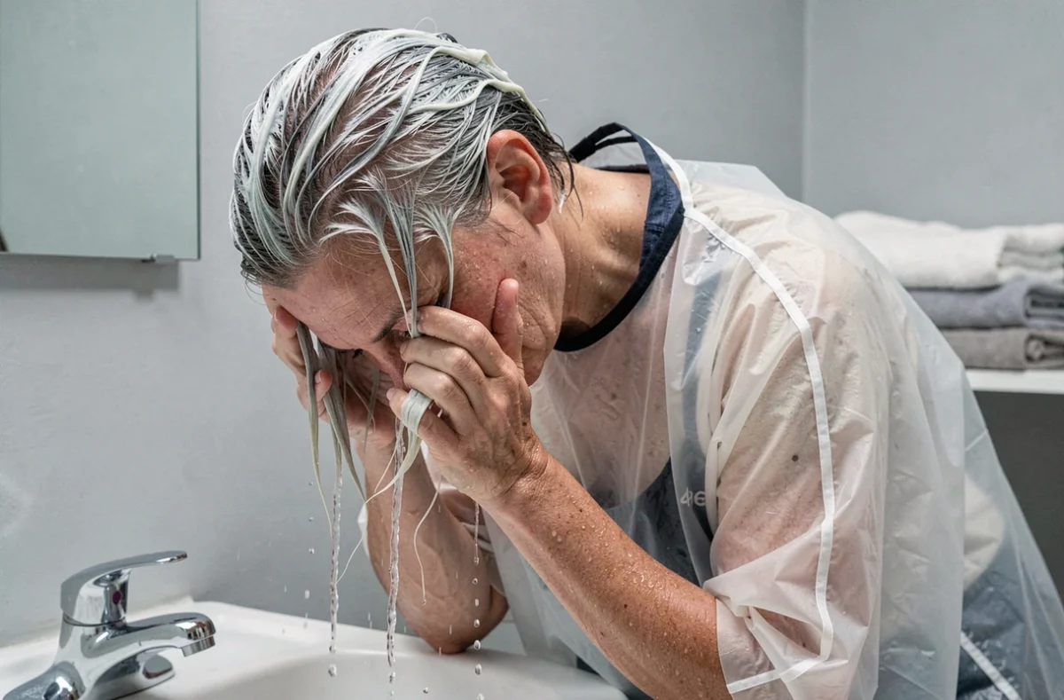 Femme rinçant la coloration racines blanches sous le robinet de salle de bain, cape de salon sur les épaules