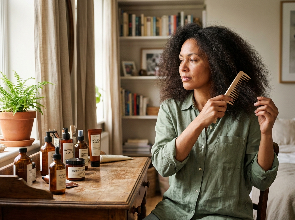 Femme appliquant des soins capillaires sur cheveux ondulés et frisés devant une coiffeuse en bois