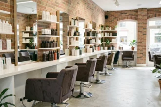 Intérieur d'un salon de coiffure moderne en Seine-et-Marne avec stations de coiffage professionnelles et miroirs élégants