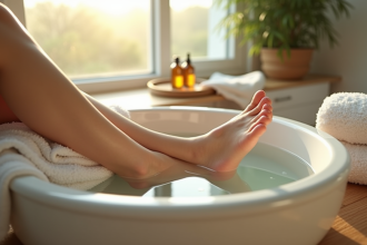 Scène spa à domicile avec pieds dans un bain moderne et lumière naturelle