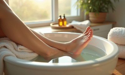 Scène spa à domicile avec pieds dans un bain moderne et lumière naturelle