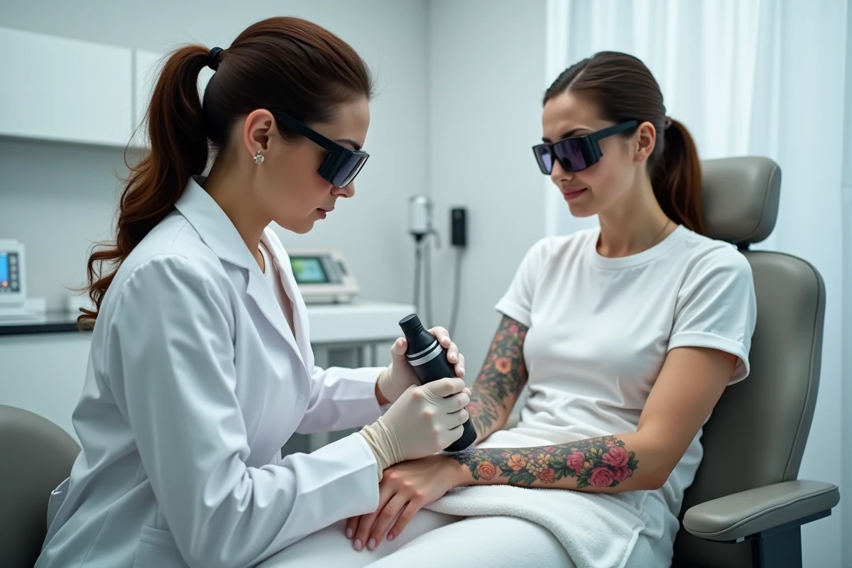 Séance de détatouage laser d'un tatouage couleur dans un centre spécialisé à Paris Marais