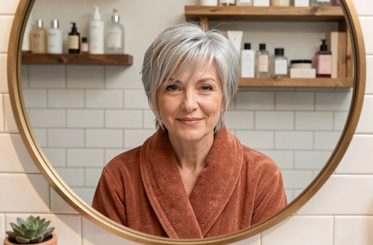 Femme mature aux cheveux gris fins coiffée d'un shag court à franges devant son miroir de salle de bain
