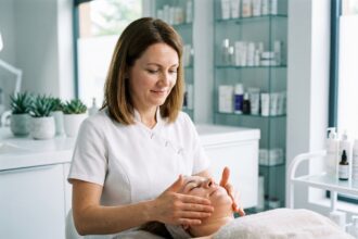 Femme en blouse blanche réalisant un soin du visage