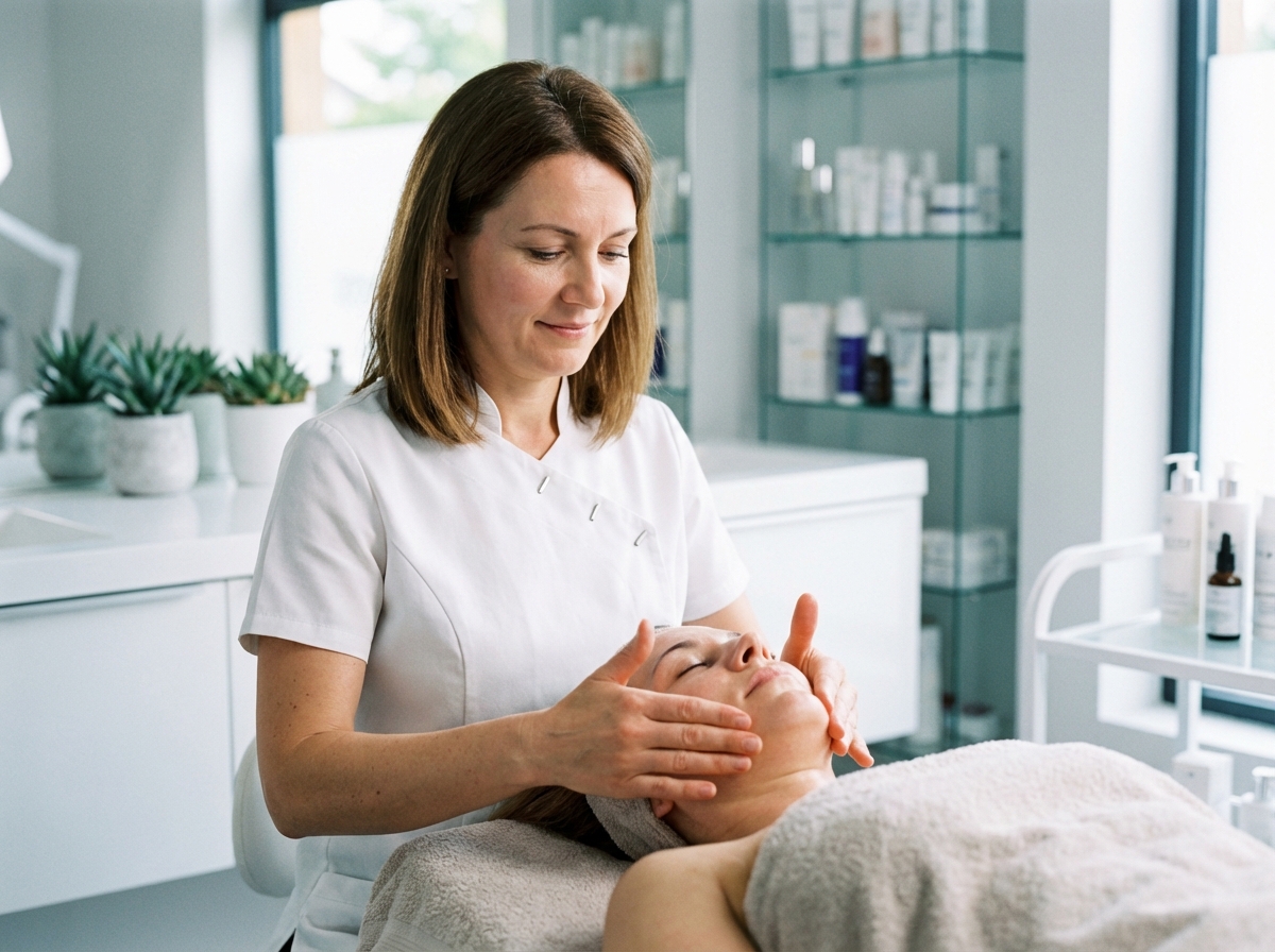 Femme en blouse blanche réalisant un soin du visage